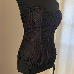 Beautiful Shirley of Hollywood black lace and satin corset and g string